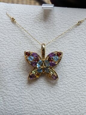 10k Gold Fancy Butterfly Multi-Gem Pendant Necklace